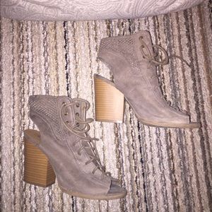 Tan, open heeled booties